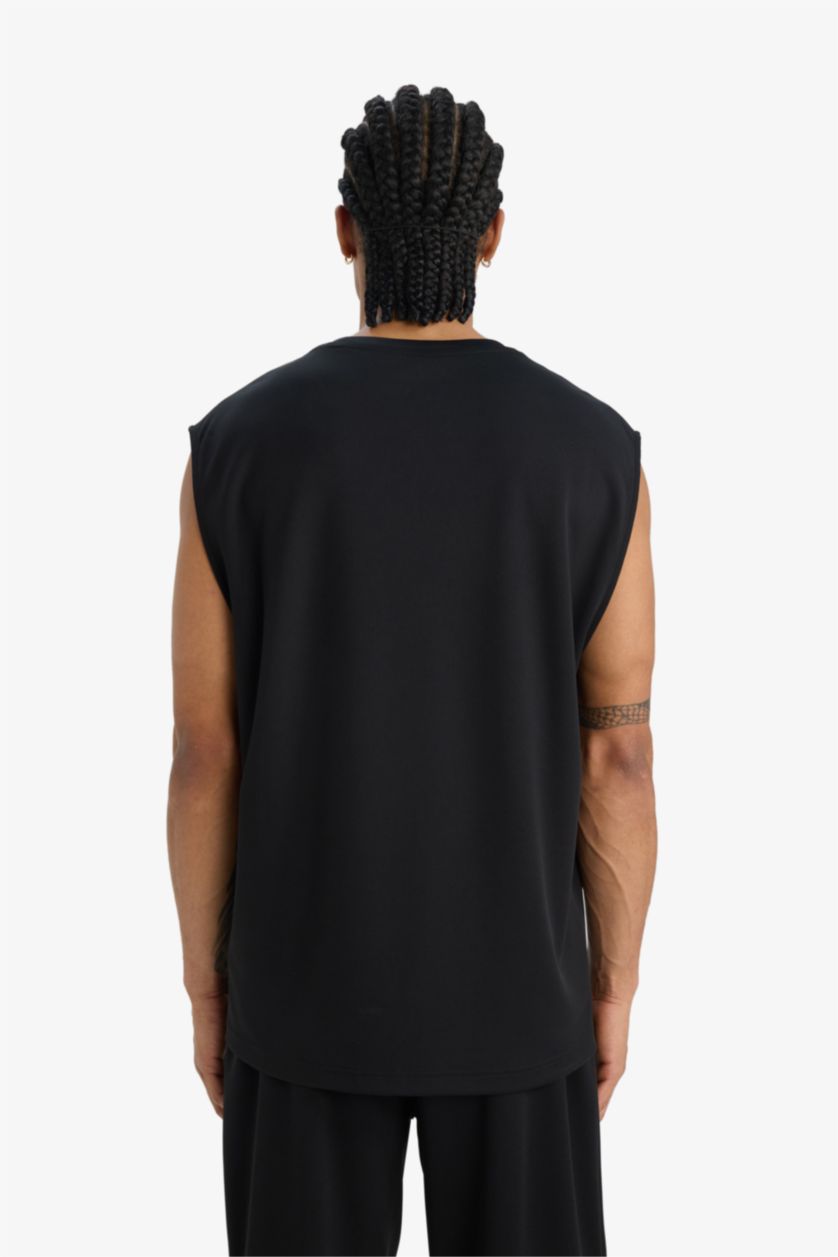 Erkek Siyah Hızlı Kuruyan Nefes Alabilen Boxy Fit Baskılı Bisiklet Yaka Sporcu Atlet