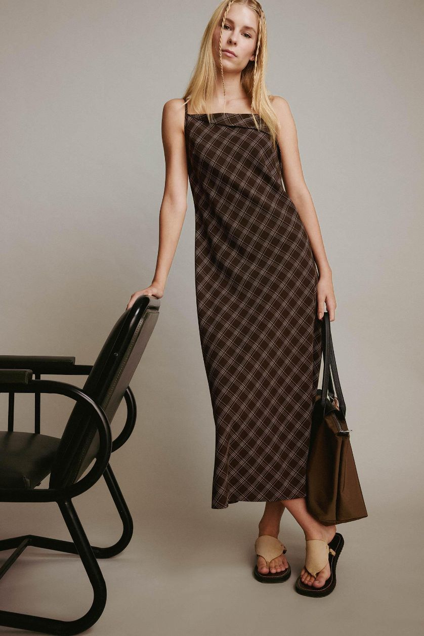 Woman Brown Cross Neck Plaid Strappy Midi Dress