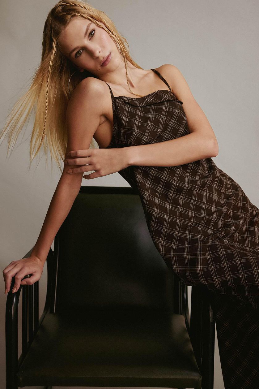 Woman Brown Cross Neck Plaid Strappy Midi Dress