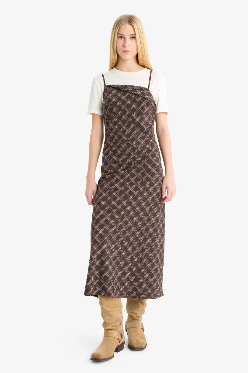 Woman Brown Cross Neck Plaid Strappy Midi Dress
