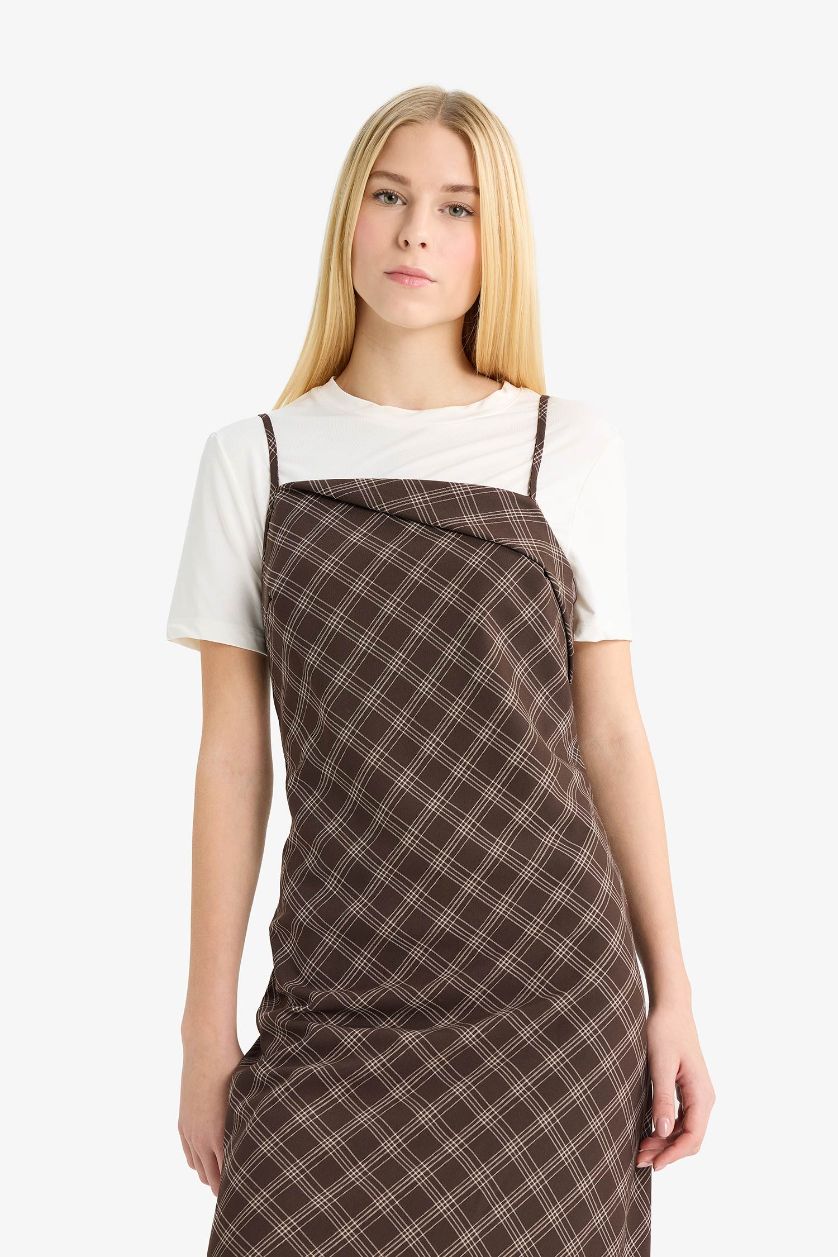 Woman Brown Cross Neck Plaid Strappy Midi Dress