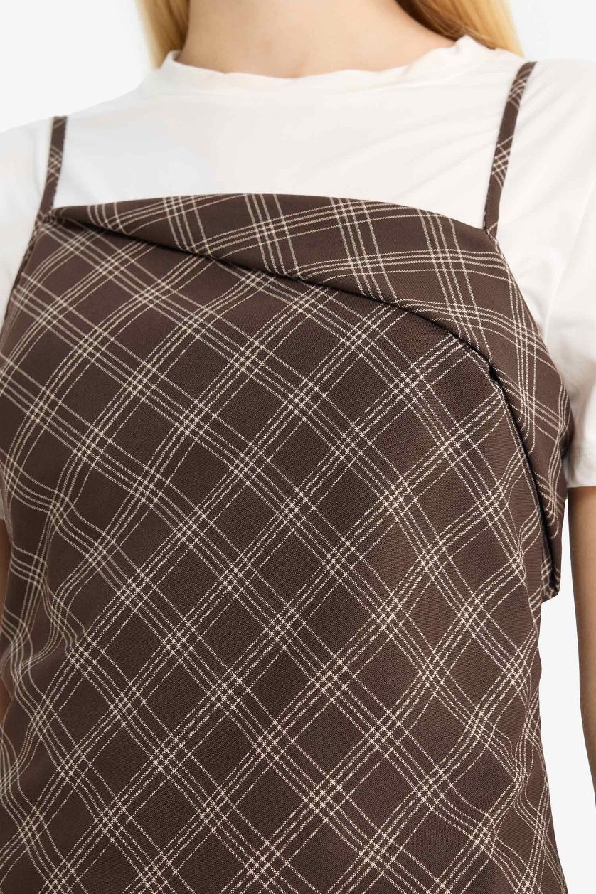 Woman Brown Cross Neck Plaid Strappy Midi Dress