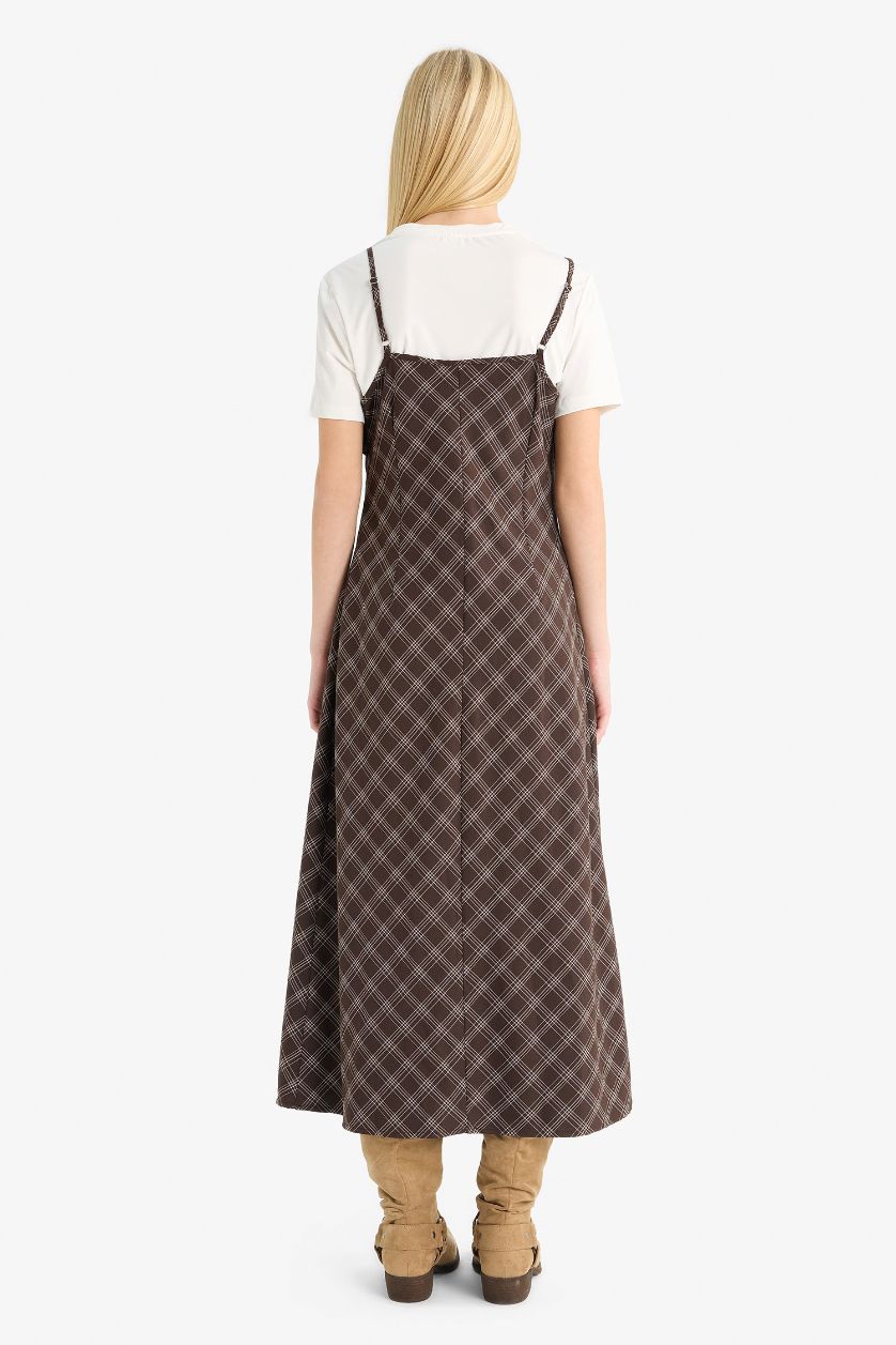 Woman Brown Cross Neck Plaid Strappy Midi Dress