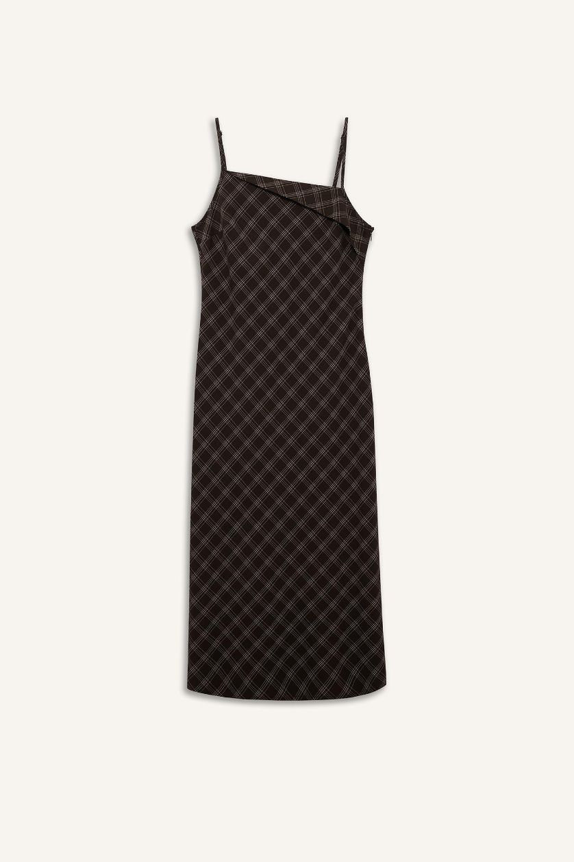 Woman Brown Cross Neck Plaid Strappy Midi Dress