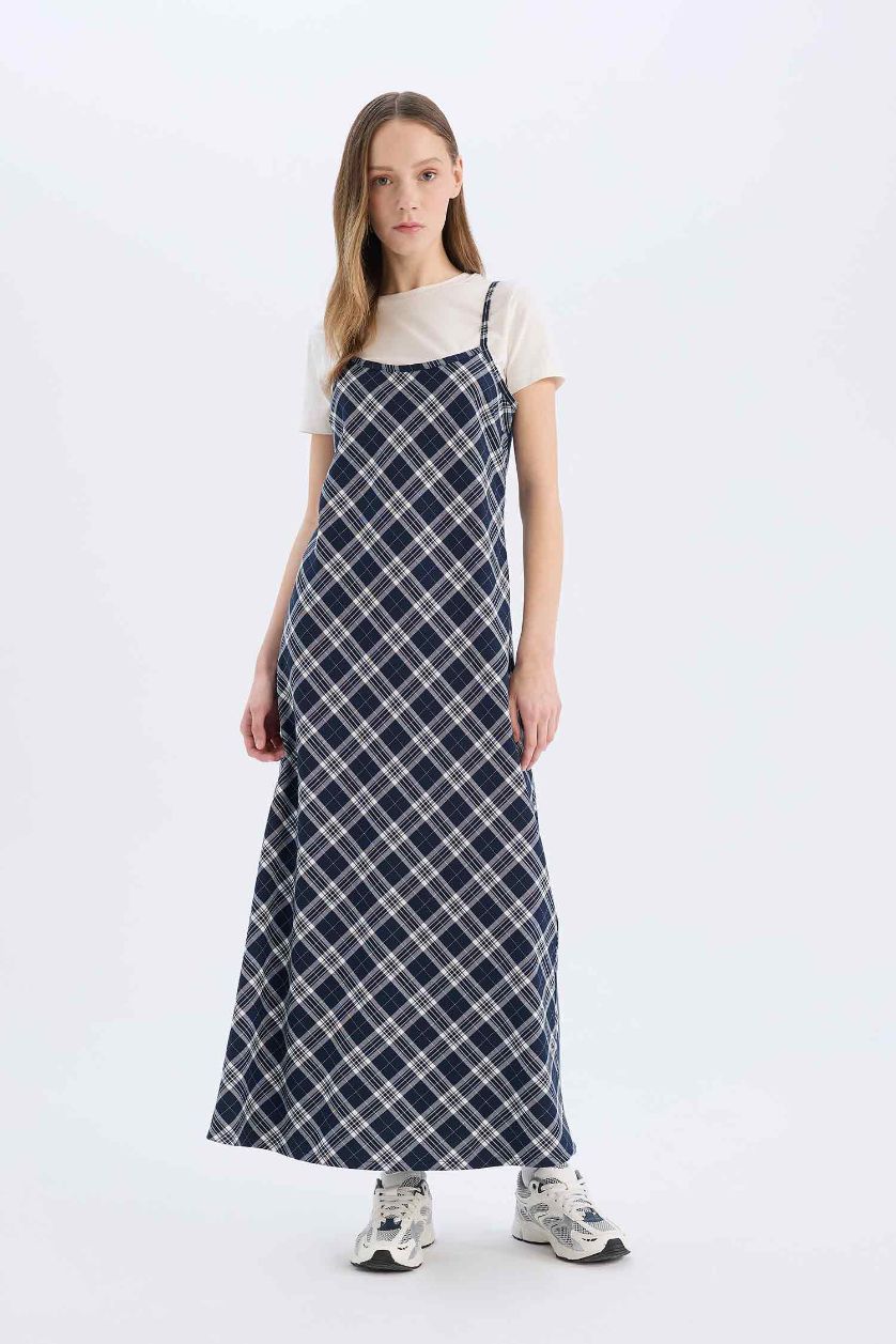 WOMAN NAVY V-Neck Plaid Midi Dress