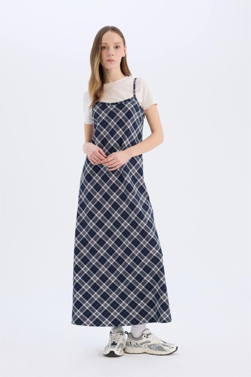 WOMAN NAVY V-Neck Plaid Midi Dress