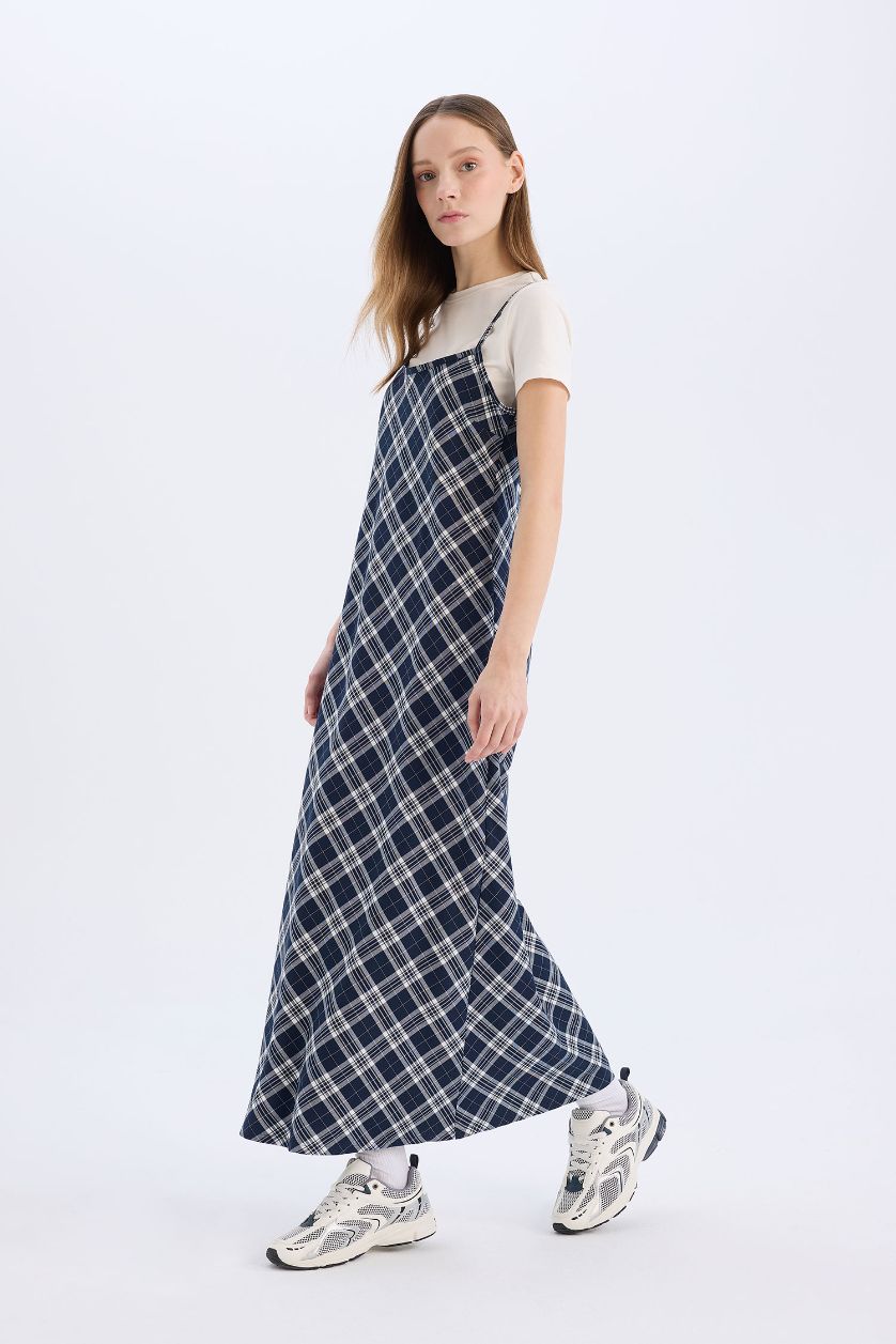 WOMAN NAVY V-Neck Plaid Midi Dress