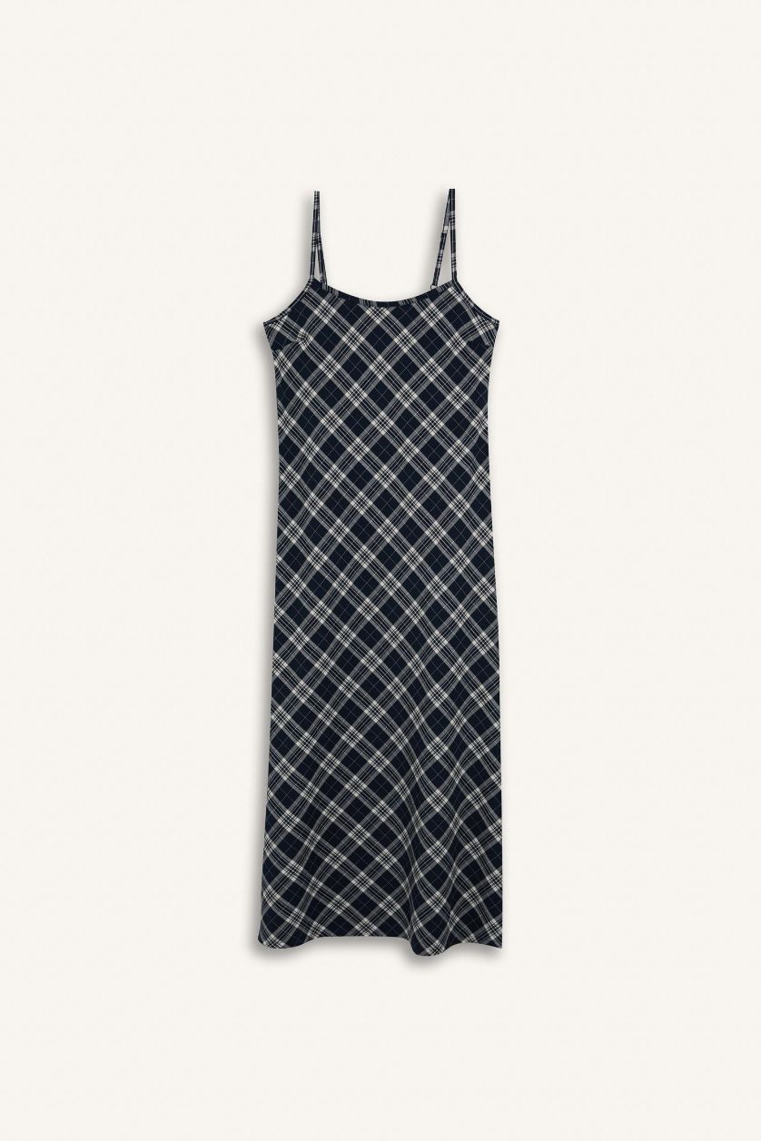 WOMAN NAVY V-Neck Plaid Midi Dress