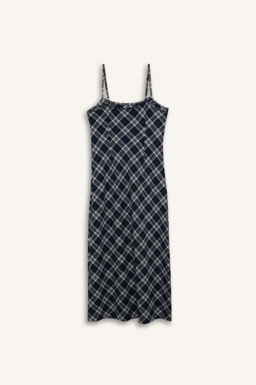WOMAN NAVY V-Neck Plaid Midi Dress
