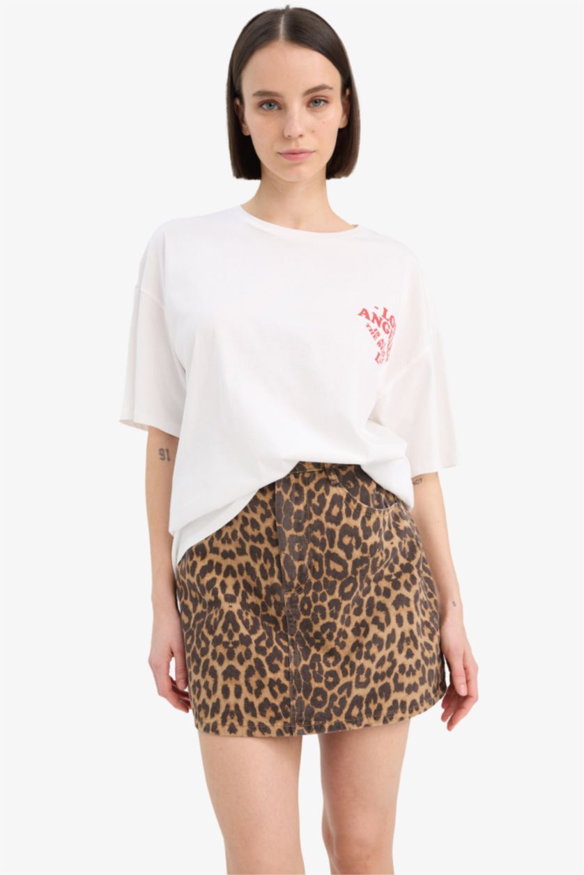 Kadın Kahve Leopar Desenli Normal Bel Gabardin Mini Etek