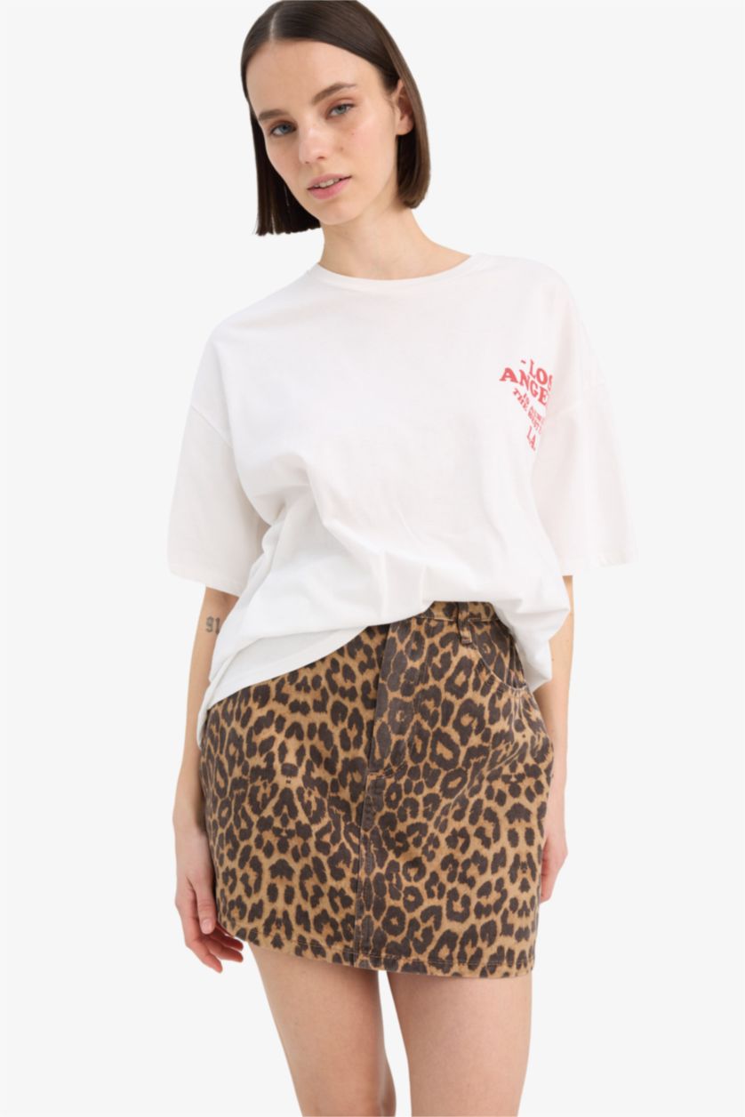 Kadın Kahve Leopar Desenli Normal Bel Gabardin Mini Etek
