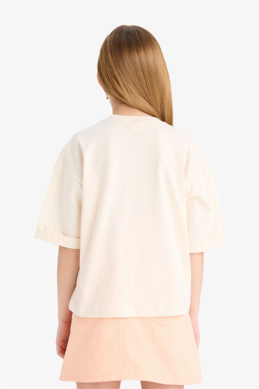 Kız Çocuk - Genç Kız Ekru Oversize Geniş Kalıp Bisiklet Yaka Baskılı Kısa Kollu Tişört Kız Çocuk