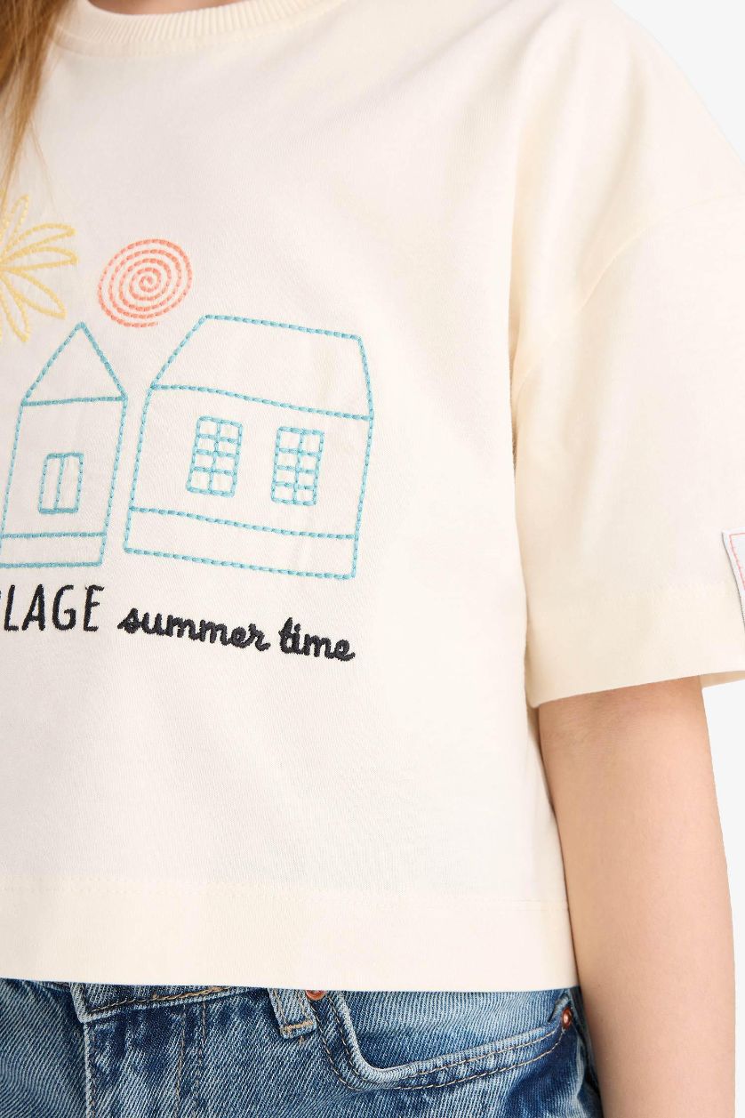 Kız Çocuk - Genç Kız Ekru Boxy Fit Bisiklet Yaka Baskılı Kısa Kollu Tişört Kız Çocuk