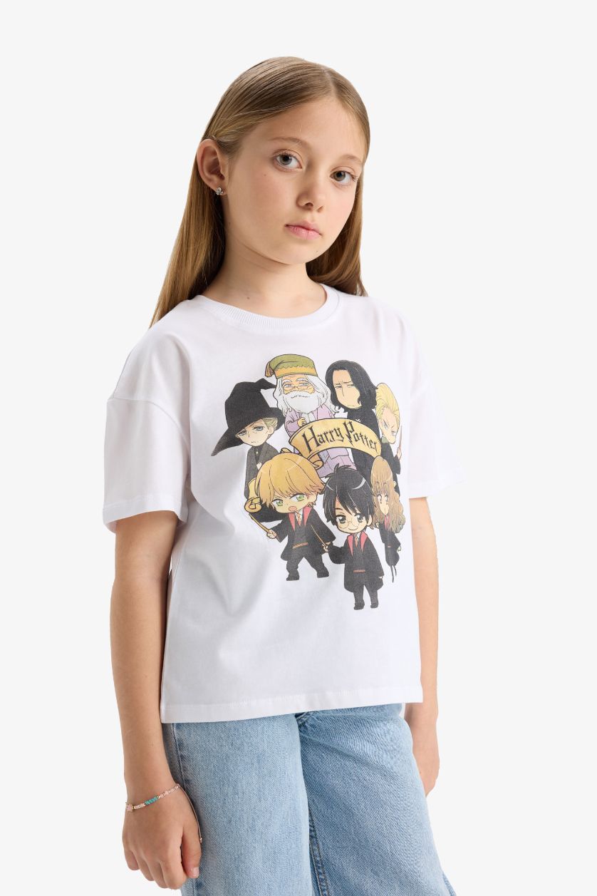 Kız Çocuk - Genç Kız Beyaz Harry Potter Relax Fit Bisiklet Yaka Kısa Kollu Tişört Kız Çocuk