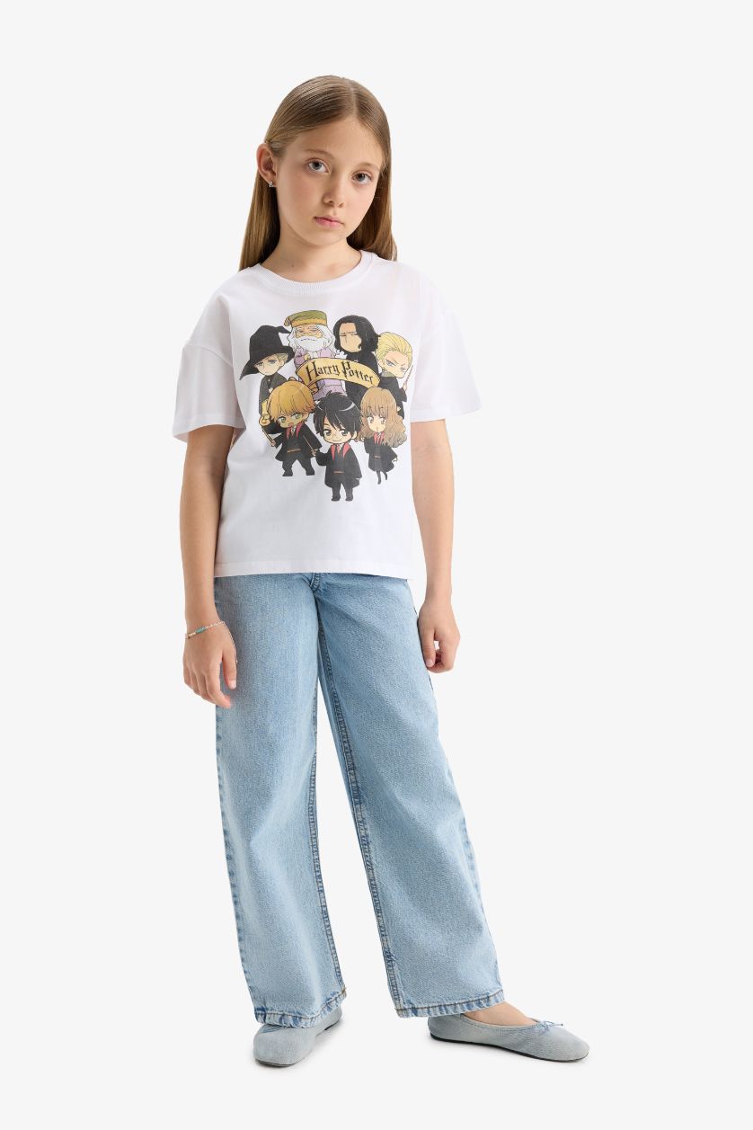 Kız Çocuk - Genç Kız Beyaz Harry Potter Relax Fit Bisiklet Yaka Kısa Kollu Tişört Kız Çocuk
