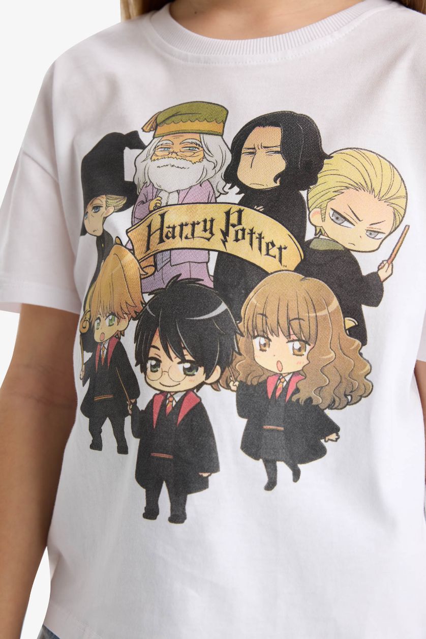 Kız Çocuk - Genç Kız Beyaz Harry Potter Relax Fit Bisiklet Yaka Kısa Kollu Tişört Kız Çocuk