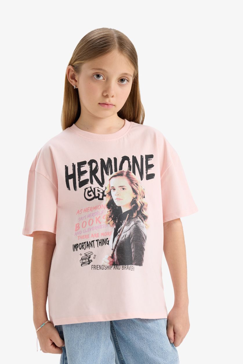 Kız Çocuk - Genç Kız Açık Pembe Harry Potter Oversize Geniş Kalıp Bisiklet Yaka Kısa Kollu Tişört Kız Çocuk