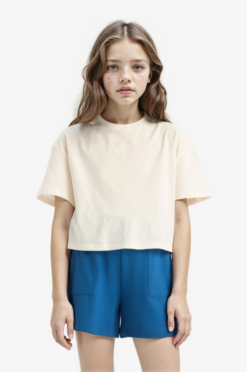 Kız Çocuk - Genç Kız Mavi Beli Lastikli Cepli Şort Kız Çocuk