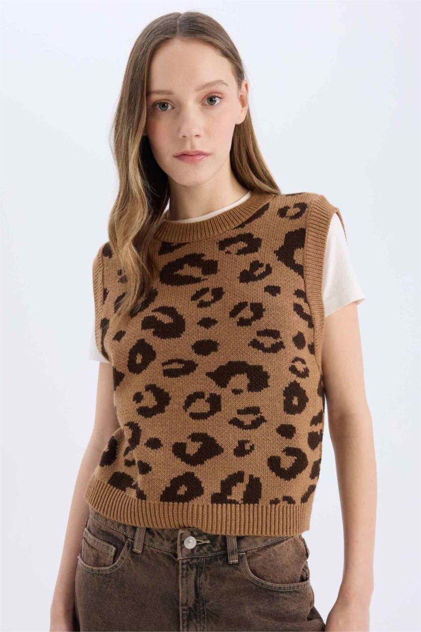 Kadın Camel Bisiklet Yaka Leopar Desenli Triko Süveter