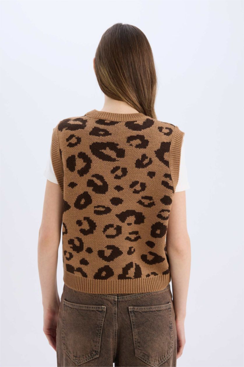 Kadın Camel Bisiklet Yaka Leopar Desenli Triko Süveter
