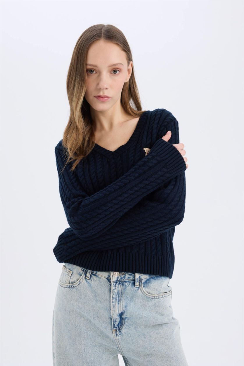 نساء كحلي بلوفر تريكو سليم فيت برقبة مستديرة