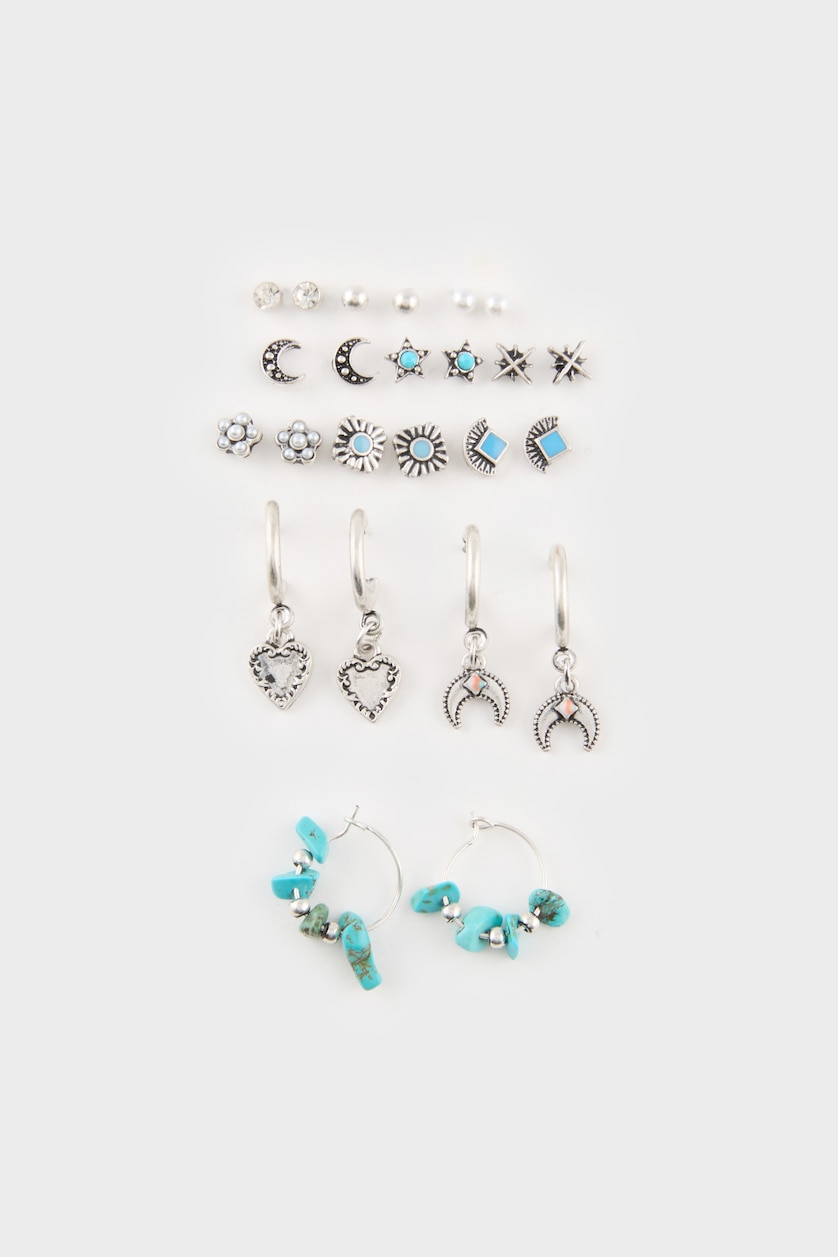 Kadın Antik Gümüş Kadın Mavi Taşlı 11'li Silver Küpe