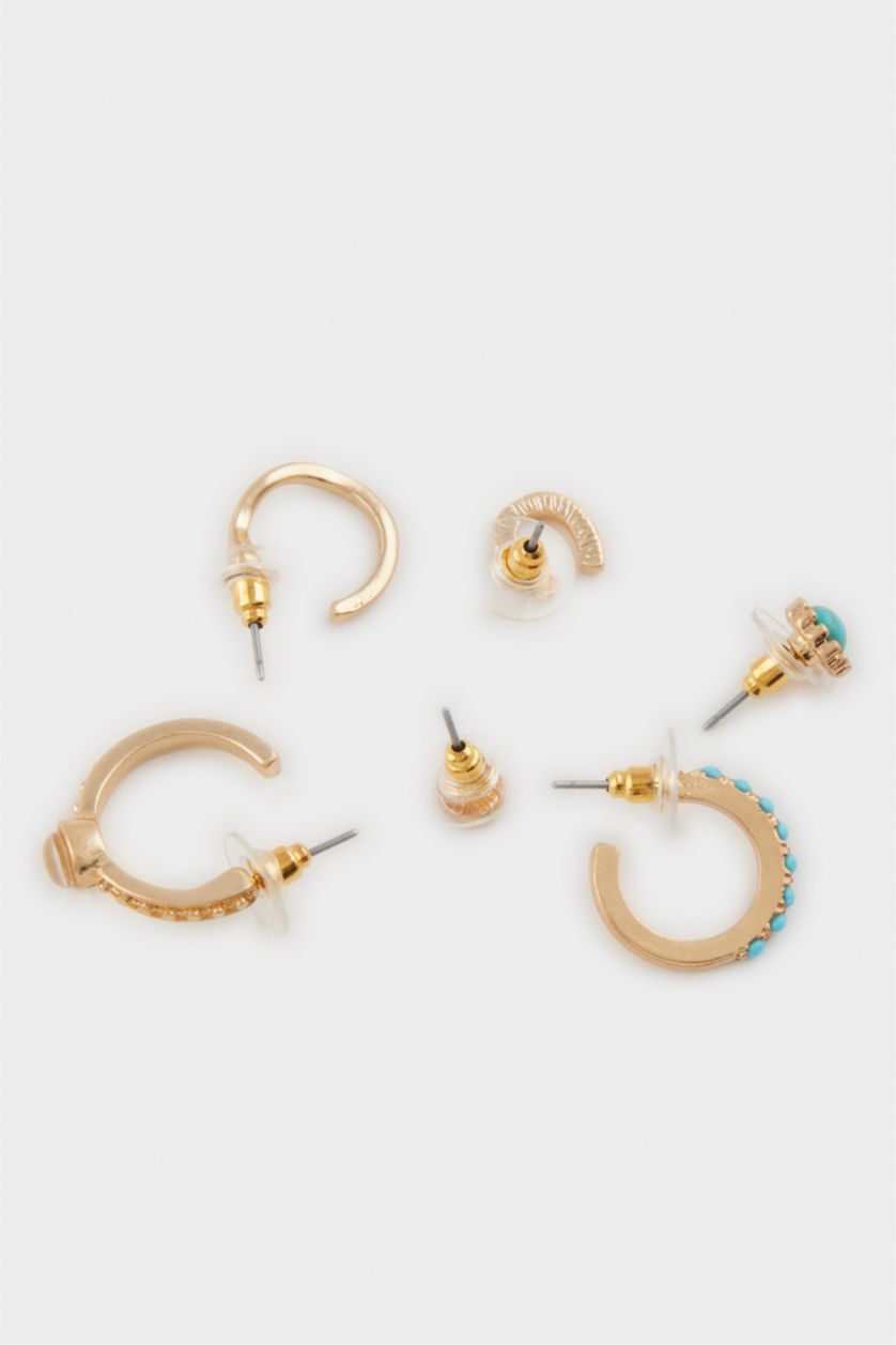 Kadın Antik Sarı Kadın Mavi Taşlı 6'lı Gold Küpe