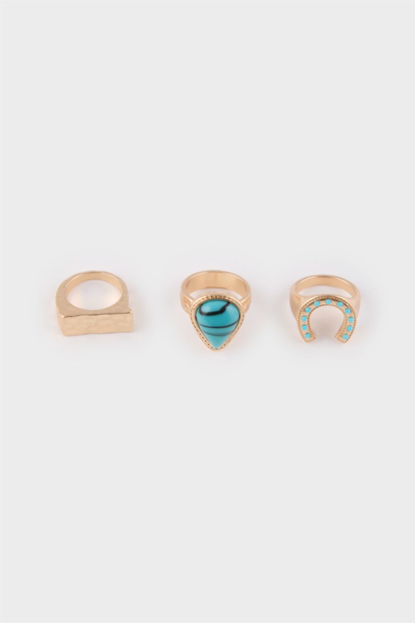 Woman Antik Sarı Woman Blue Stone 3 Piece Gold Rings
