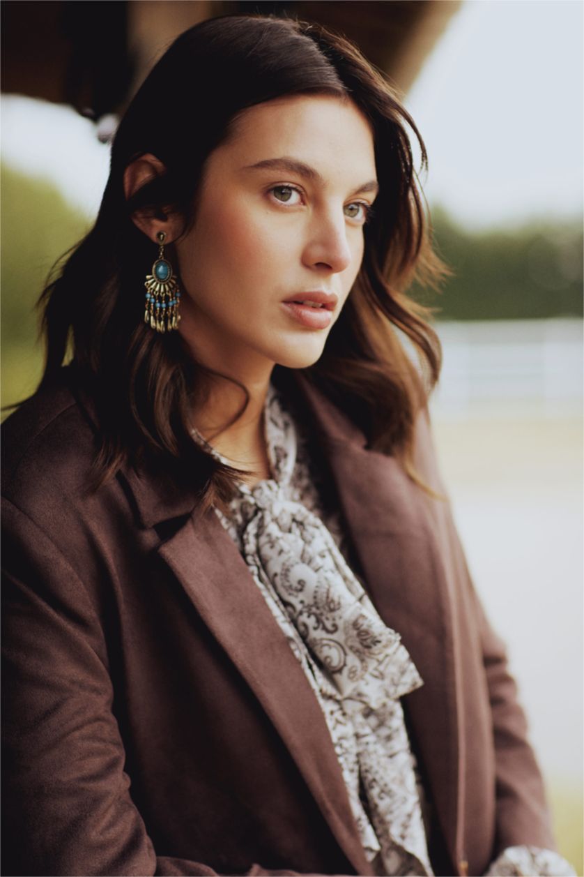 Kadın Antik Sarı Kadın Sallantılı Mavi Taşlı Kadın Gold Küpe