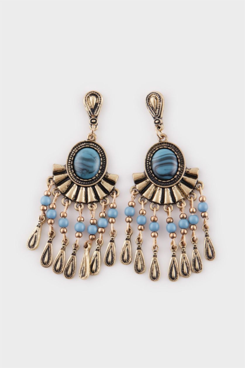 Kadın Antik Sarı Kadın Sallantılı Mavi Taşlı Kadın Gold Küpe