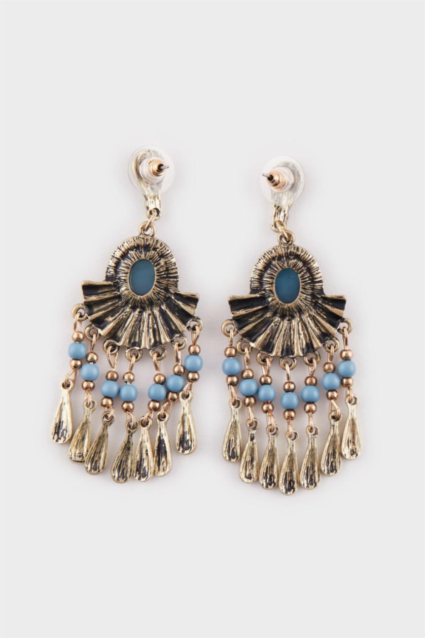 Kadın Antik Sarı Kadın Sallantılı Mavi Taşlı Kadın Gold Küpe