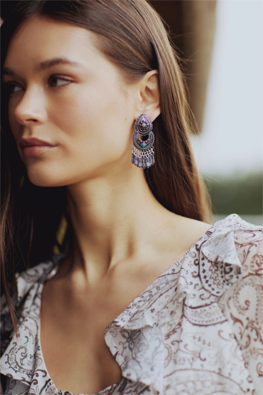 Kadın Antik Gümüş Kadın Mavi Taşlı Sallantılı Küpe