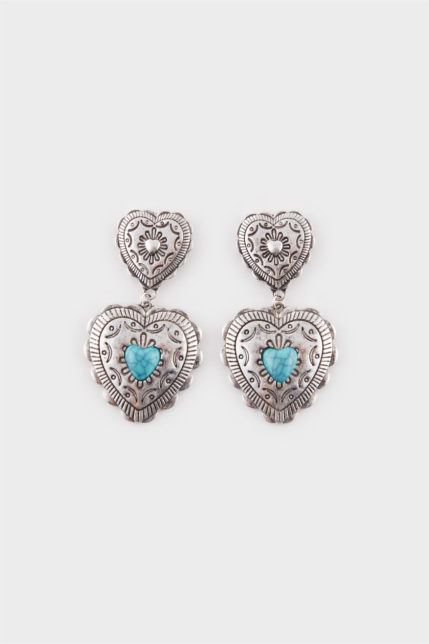 Kadın Antik Gümüş Kadın Mavi Taşlı Sallantılı Kalp Küpe