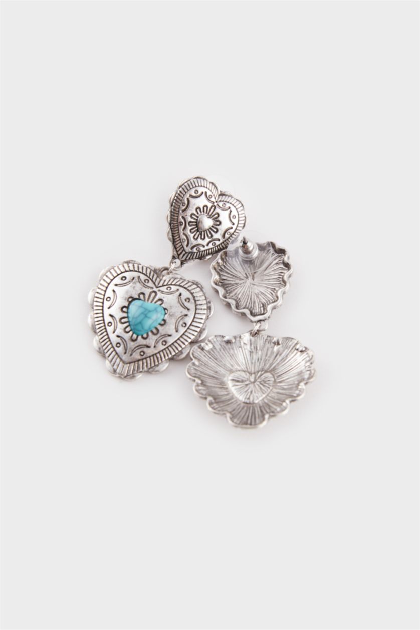 Kadın Antik Gümüş Kadın Mavi Taşlı Sallantılı Kalp Küpe