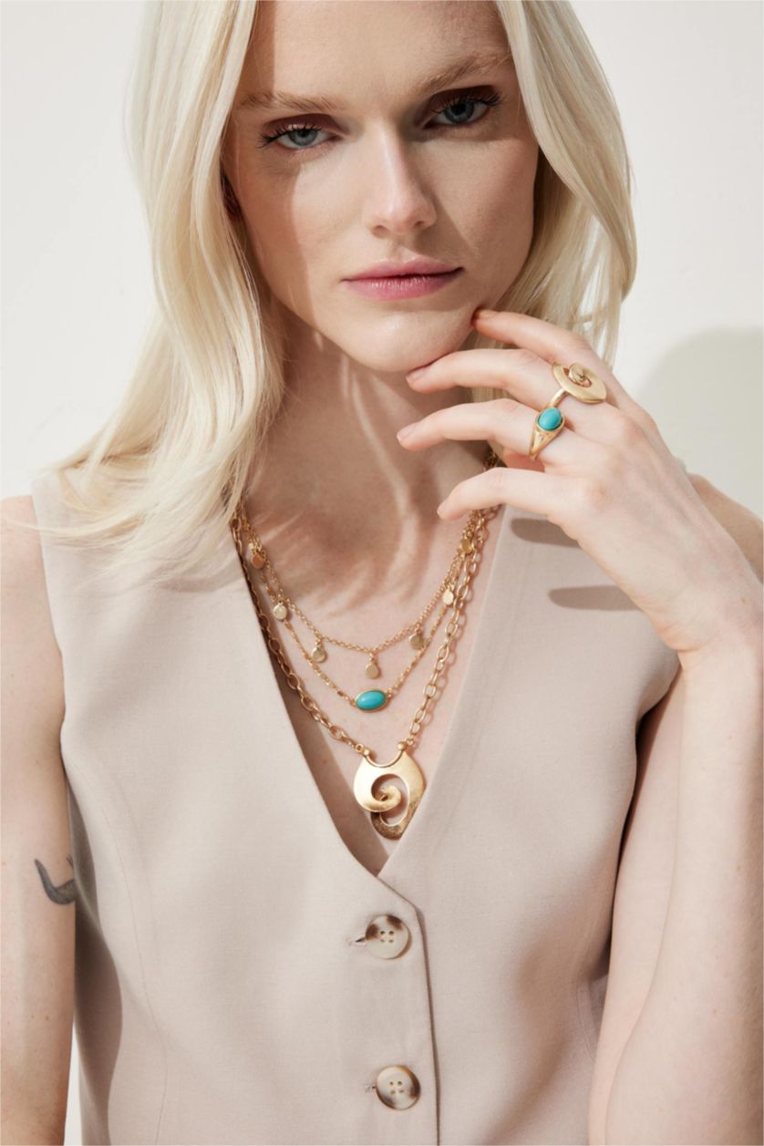 حريمي Antıque Gold خاتم ذهبي حريمي بحجر أزرق - 3 قطع