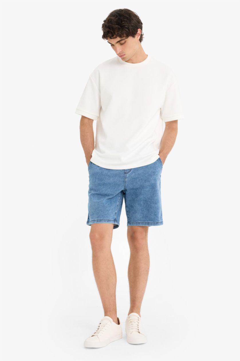 Man Blue Regular Fit Elastic Waist Relaxed Fit Denim Shorts