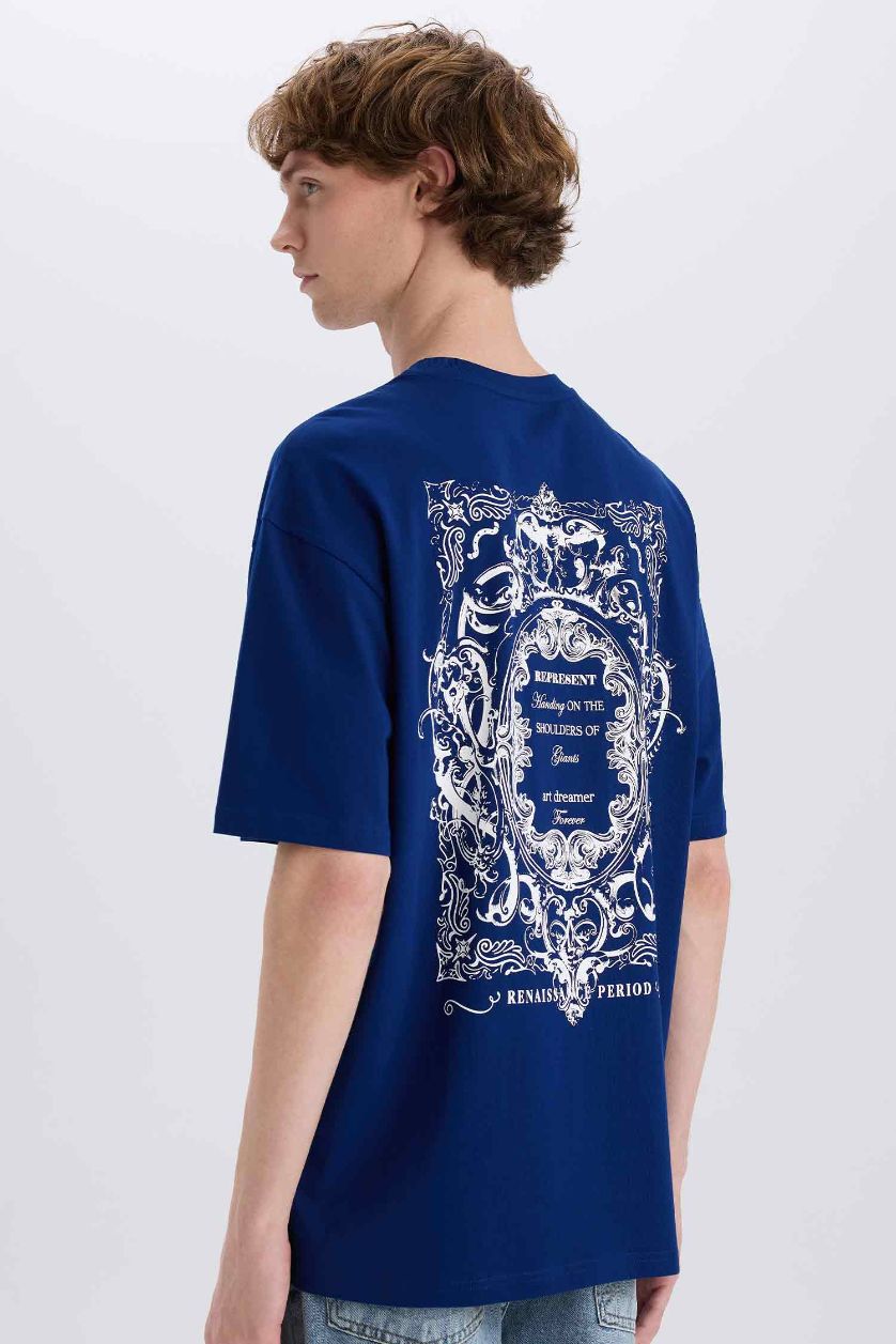 Erkek Royal %100 Pamuk Boxy Fit Bisiklet Yaka Sırt Baskılı Kısa Kollu Tişört