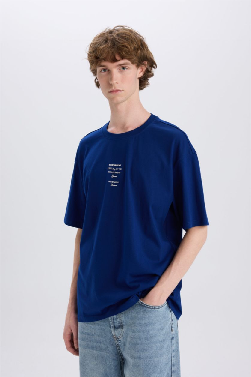 Erkek Royal %100 Pamuk Boxy Fit Bisiklet Yaka Sırt Baskılı Kısa Kollu Tişört