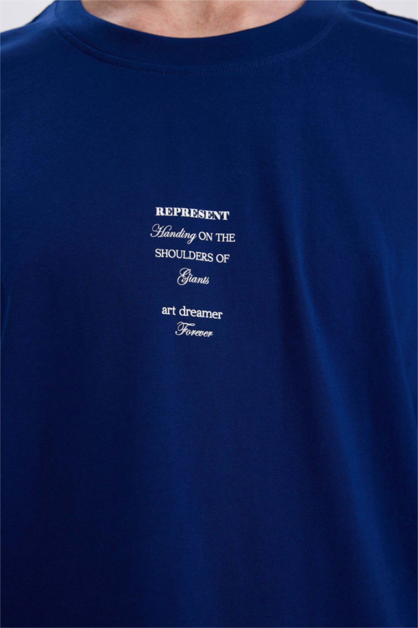 Erkek Royal %100 Pamuk Boxy Fit Bisiklet Yaka Sırt Baskılı Kısa Kollu Tişört