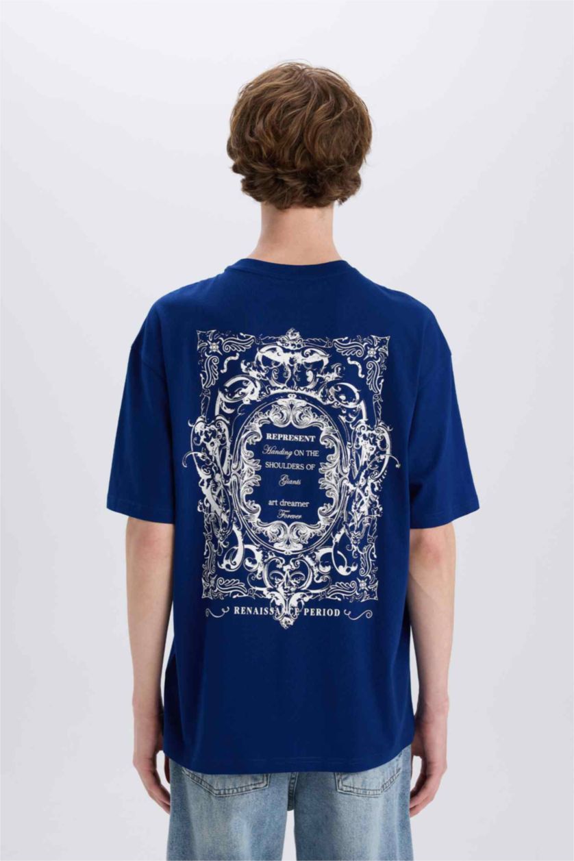 Erkek Royal %100 Pamuk Boxy Fit Bisiklet Yaka Sırt Baskılı Kısa Kollu Tişört