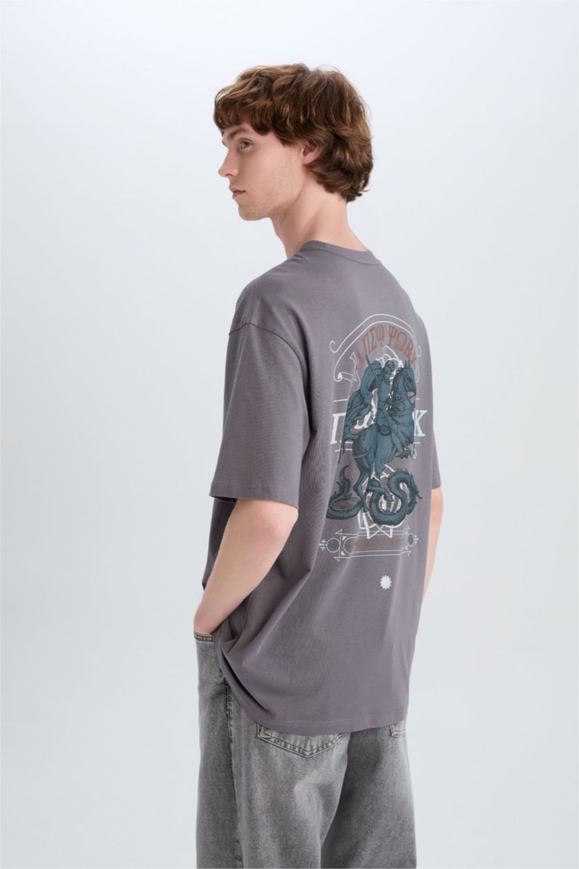 رجالي رمادي تيشيرت قطن أوفر سايز مطبوع برقبة مستديرة