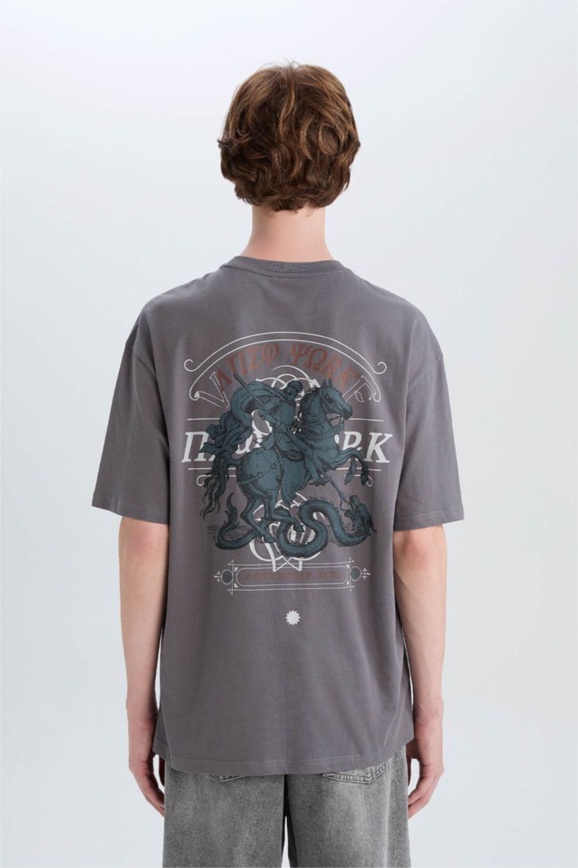 رجالي رمادي تيشيرت قطن أوفر سايز مطبوع برقبة مستديرة