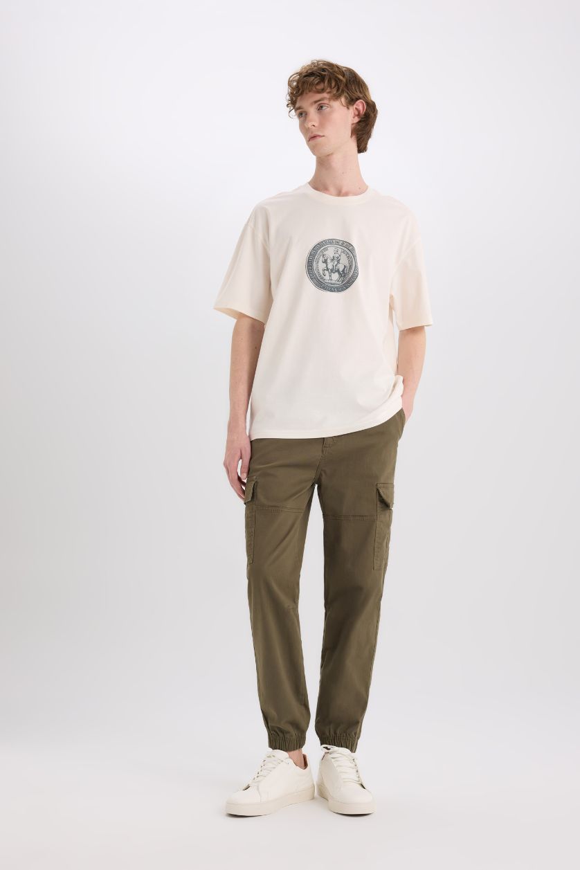 Man Ecru Cotton Boxy Fit Crew Neck Printed T-Shirt