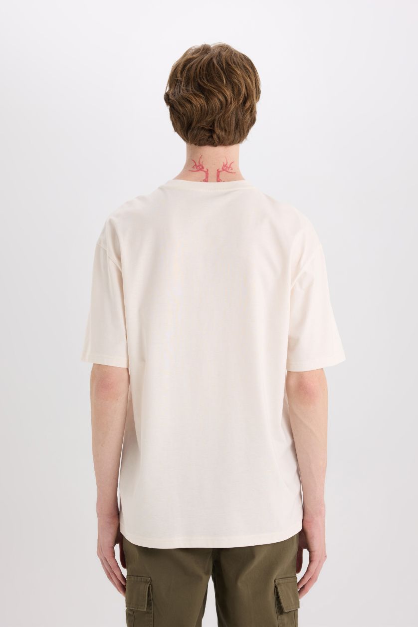 Man Ecru Cotton Boxy Fit Crew Neck Printed T-Shirt