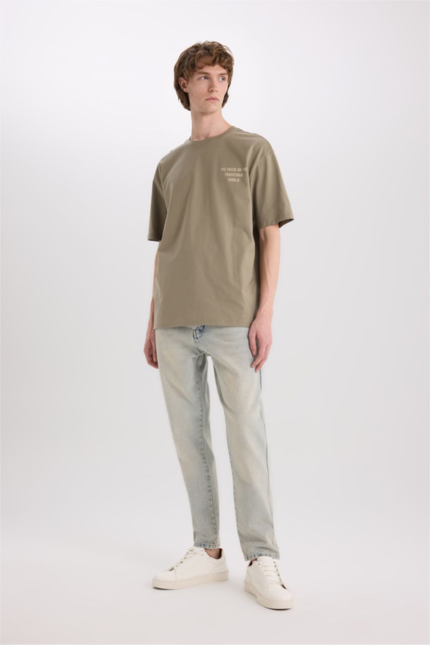 Erkek Açık Haki %100 Pamuk Boxy Fit Sırt Baskılı Tişört