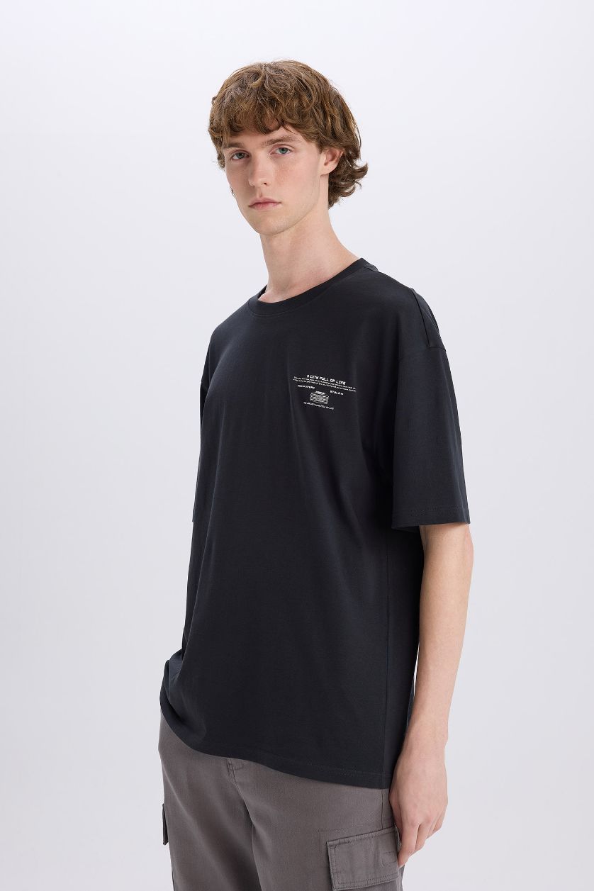 Man Anthracite Cotton Boxy Fit Crew Neck Back Printed T-Shirt