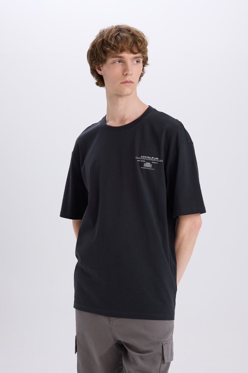 Man Anthracite Cotton Boxy Fit Crew Neck Back Printed T-Shirt