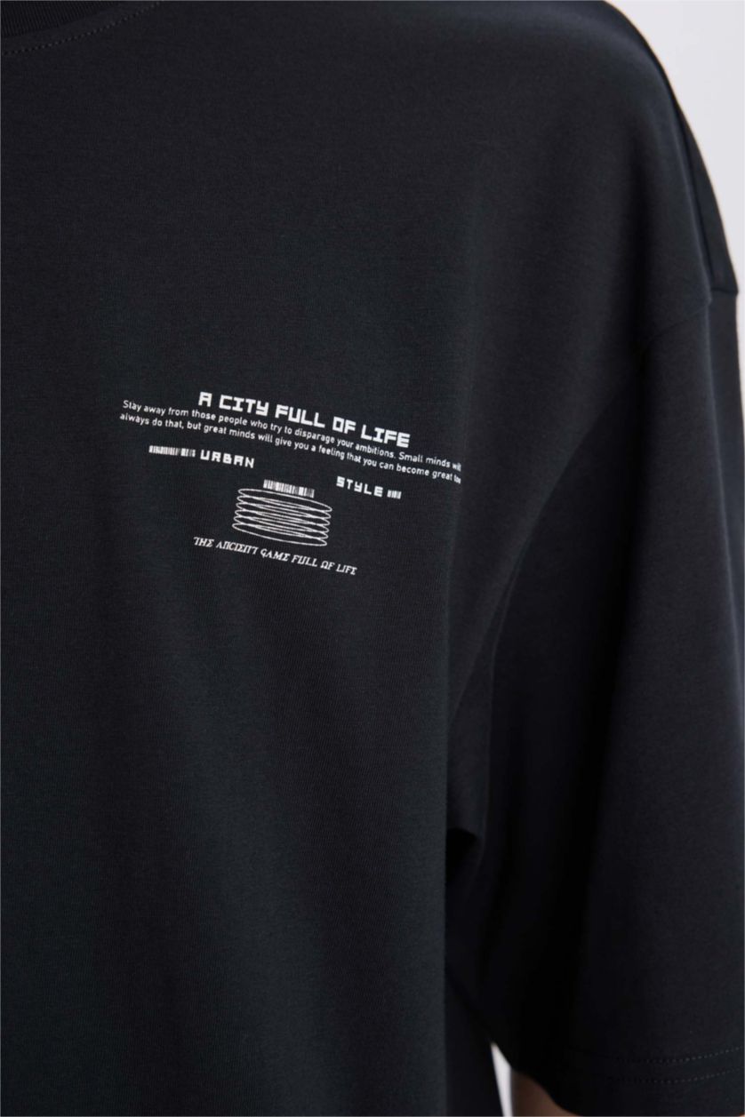 Man Anthracite Cotton Boxy Fit Crew Neck Back Printed T-Shirt