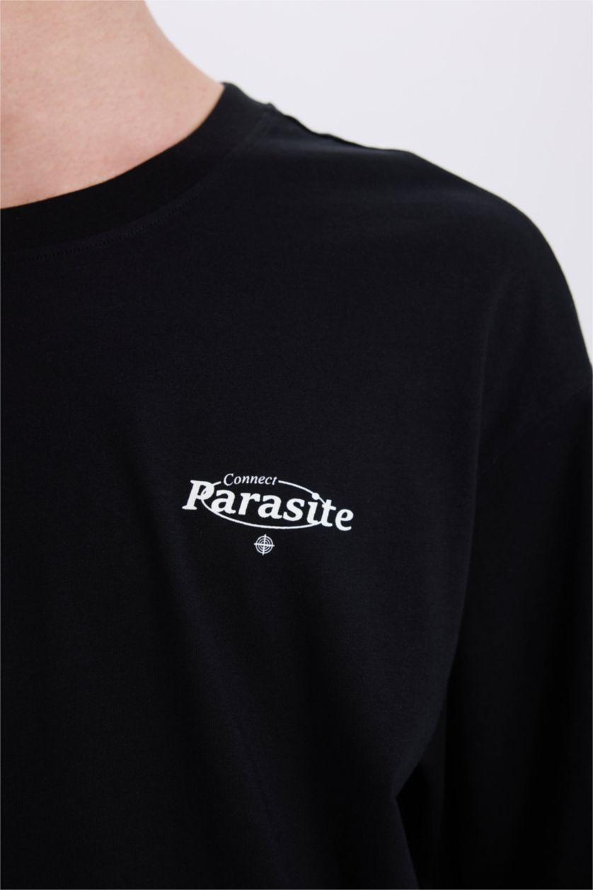 Erkek Siyah %100 Pamuk Boxy Fit Bisiklet Yaka Sırt Baskılı Kısa Kollu Tişört