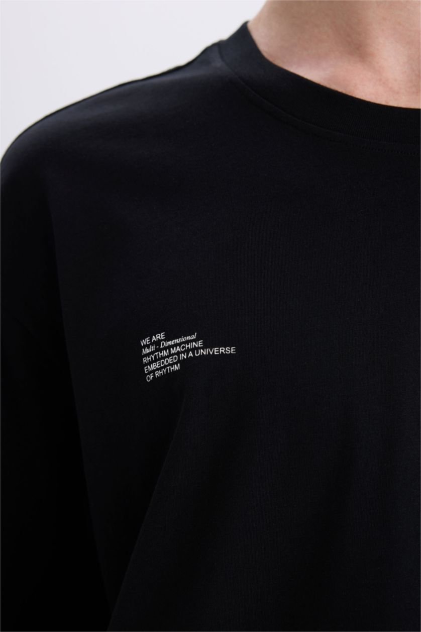 Erkek Siyah %100 Pamuk Boxy Fit Bisiklet Yaka Sırt Baskılı Kısa Kollu Tişört